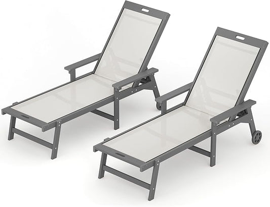 LUE BONA Chaise Lounge Chair Outdoor, HDPS and HDPE Wicker Chaise Lounger with 5 Positions, Pool Lounge Chairs with Wheels and Adjustable Backrest for Patio, Poolside, Deck, Backyard