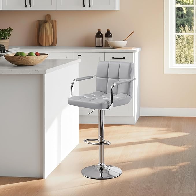 Yaheetech Bar Stools Set of 3, PU Leather Adjustable Barstools with Armrest, Counter Height Stool Chairs with Thickened Seat Cushion for Kitchen Island, Light Grey