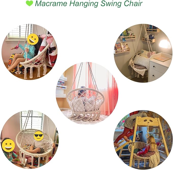 Hammock Swing Chair for 2-5 Years Old Kids,Handmade Knitted Macrame Hanging Swing Chair for Indoor,Bedroom,Yard,Garden- 230 Pound Capacity Off-White- with Suspension Kit