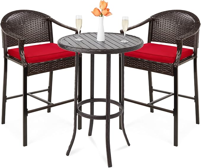 Best Choice Products 3-Piece Patio Bar Table Set, Outdoor Wicker Bar Height Bistro Furniture for Backyard, Poolside, Balcony w/Barstools, Cushions, Steel Frame – Brown/Red