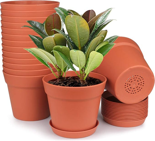 homenote Pots for Plants, 15 Pack 6 Inch Plastic Planters with Multiple Drainage Holes and Tray - Plant Pots for All Home Garden Flowers Succulents