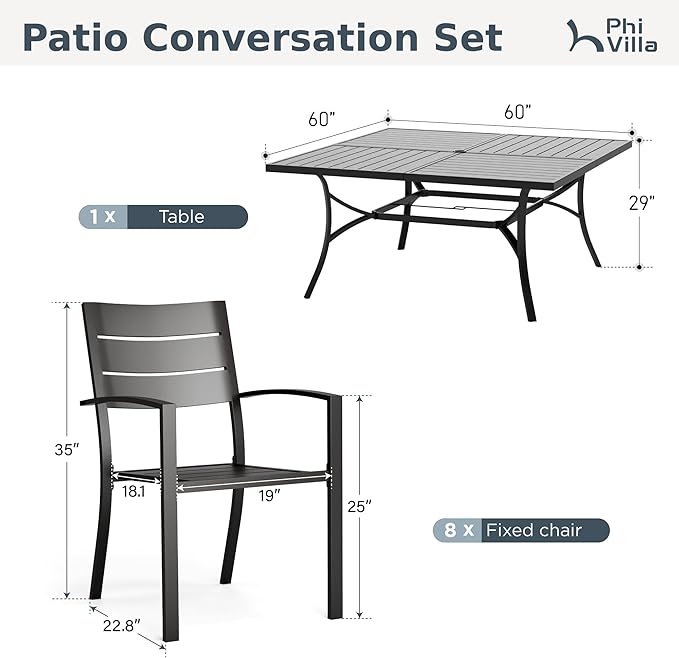PHI VILLA 9 Pieces Outdoor Patio Dining Set for 8, 60”Square Black Metal Steel Table with Umbrella Hole & Stackable Iron Chairs, Large Outside Furniture Set for Deck, Yard, Porch