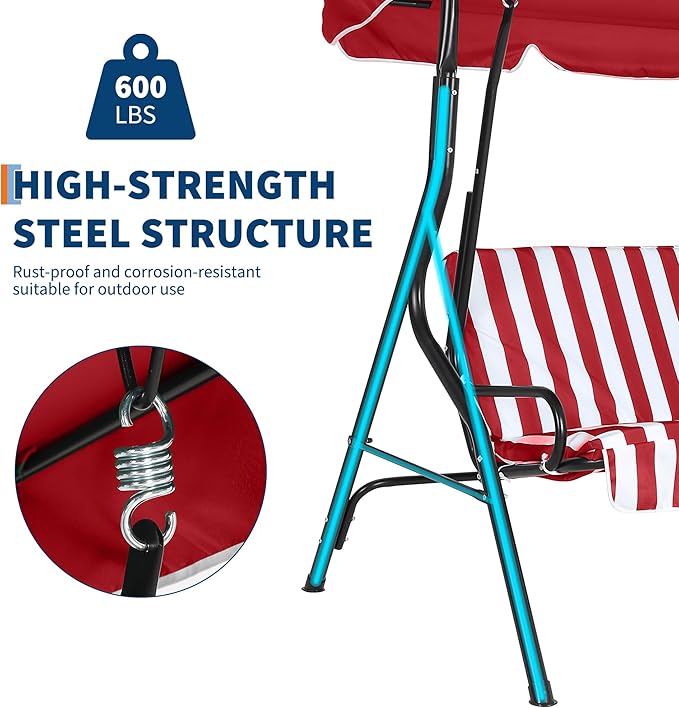 Outdoor Porch Swing Chair with Adjustable Canopy & Striped Seat Cushion for Adults 3-Seat Patio Glider Bench with Thick Cushions Steel Frame Outdoor Swing Chair for Backyard Lawn Garden Red
