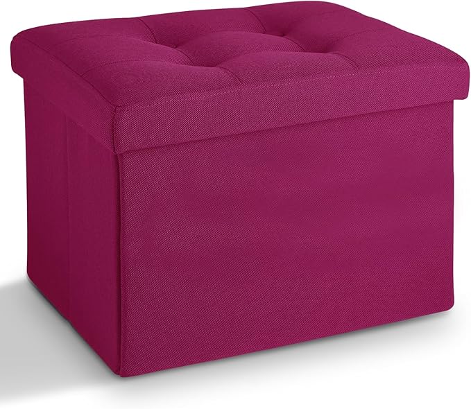 LINMAGCO Small Storage Ottoman Stool Foot Rest Stool Under Desk Stool Short Folding Ottoman Linen Cloth ROSEO 17X13X13IN