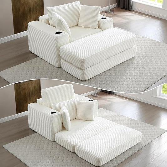 HANXIN 62" Chaise Lounge Chair Indoor, Oversized Corduroy Boneless Convertible Chaise Lounge Couch Sleeper Chair with Ottoman, Deep Seat Reading Chair, No Assembly Required (Beige)