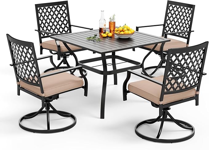 PHI VILLA 5 Pieces Outdoor Dining Set for 4, 37" Black Metal Table with Umbrella Hole & Swivel Wrought Iron Chairs with Cushions, Outside Furniture for Patio, Deck, Yard, Porch