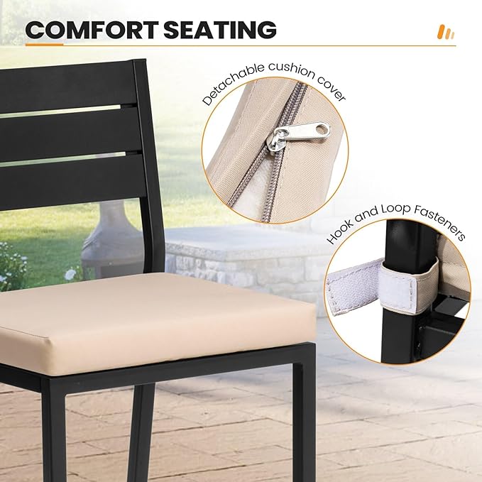 Crestlive Products Outdoor Bar Table and Chairs Set, 3 Piece Outside Patio Bar Set with 43" Long Bar Table and 2 Bar Stools for Balcony, Bistro, Garden, Backyard(Black Desktop and Beige Cushion)