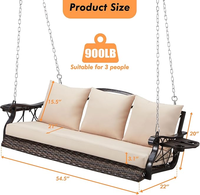 3-Person Wicker Porch Swing Chair Heavy Duty 900 LBS Outdoor Rattan Patio Swing Chair w/Cup-Holder & Steel Chains Hanging Bench Porch Swing Cushions for Deck & Backyard & Garden