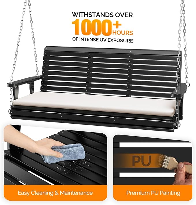 VINGLI Wooden Porch Swing, Heavy Duty 880 LBS Hanging Patio Bench with Extra Cushion for Lawn| Garden| Courtyard (Black, 5 feet)