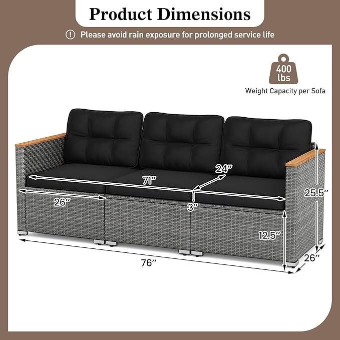 Tangkula 3-Seat Patio Wicker Couch Sofa, Outdoor 3 Seater Rattan Furniture Set with Acacia Wood Armrests & Thick Cushion, Outside Sectional Sofa Couch for Porch, Deck, Garden and Backyard, Black