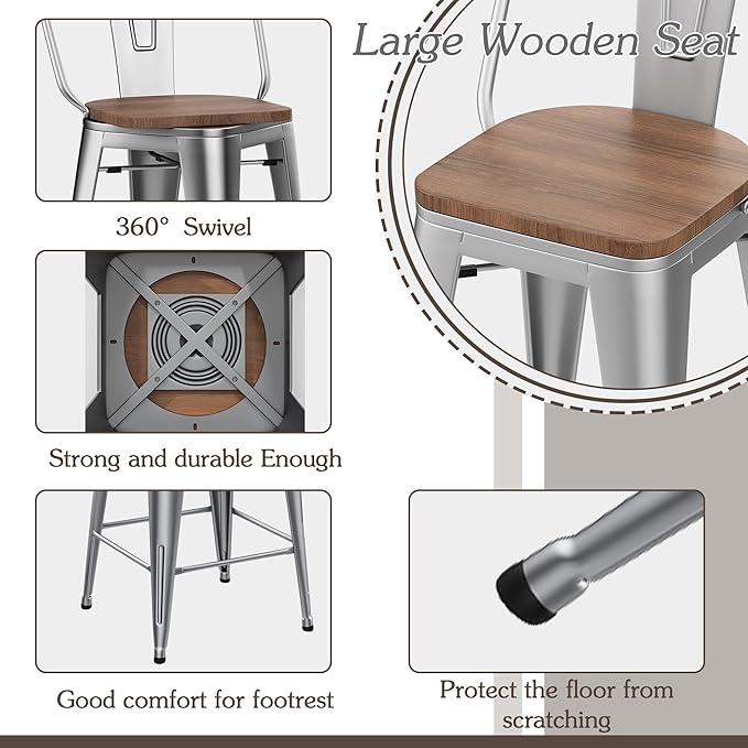 Alunaune 24" Swivel Metal Barstools Set of 4 High Back Counter Height Bar Stools Kitchen Dining Bar Chairs Industrial with Large Wooden Seat-Silver