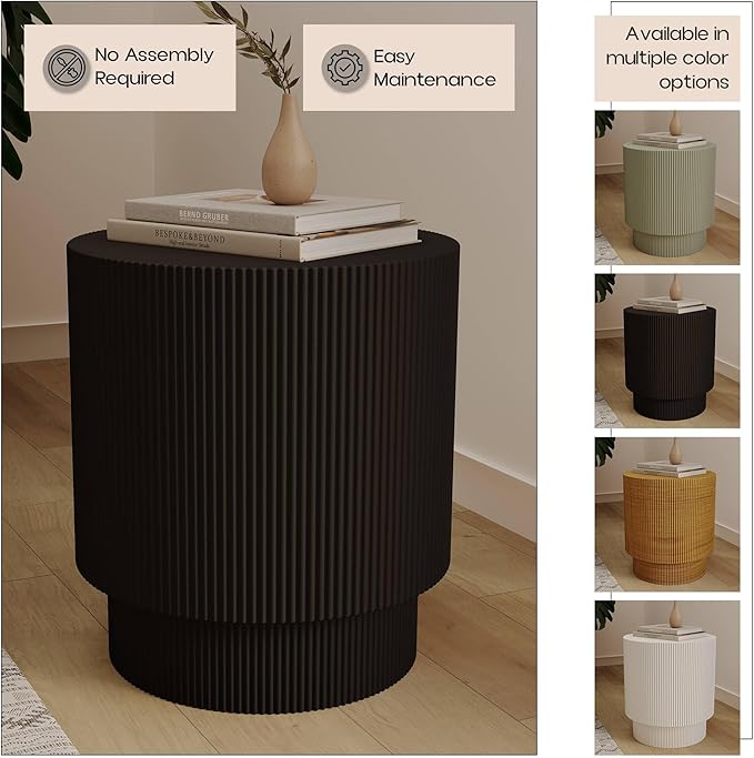 LeisureMod Modern Side Table Round Fiberstone Top Accent End Table for Home, Outdoor Patio, Living Room Sofa, Weather-Resistant, Eden Series in Black