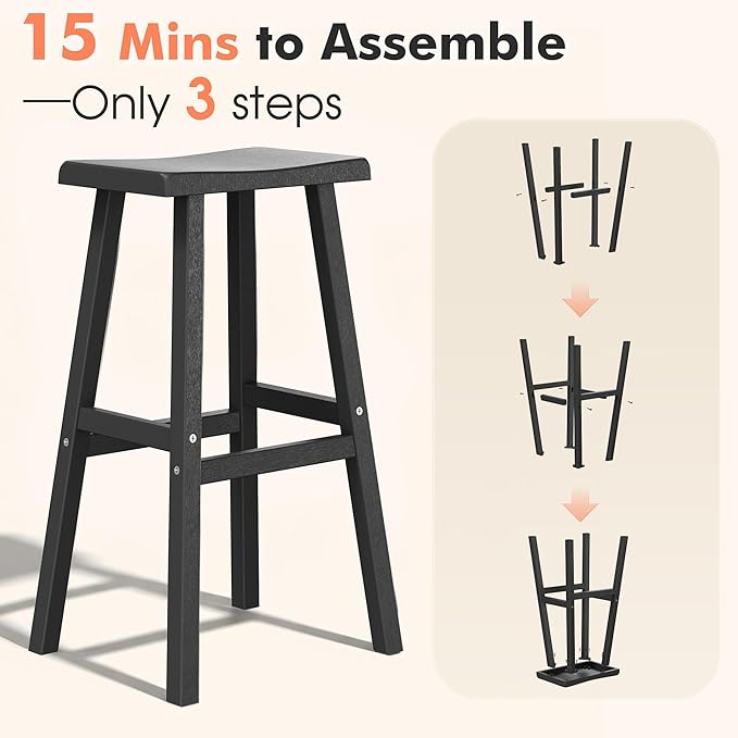 NUNU LAB HDPE Weatherproof Bar Stools Set of 2-29 Inch Bar Height Stools with Curved Backrest, UV Resistant Kitchen Island Chairs for Pub, Patio, Outdoor Bar Counter (Black)
