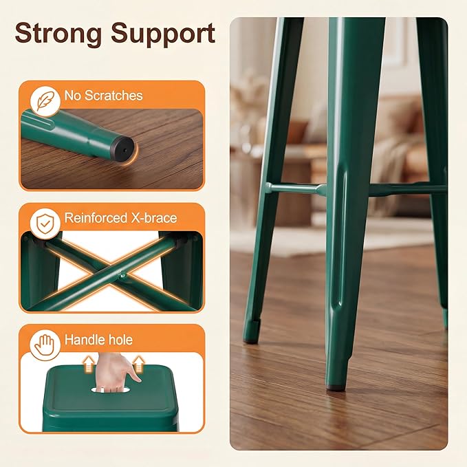 Shahoo 30 Inches Metal Bar Stools Counter Height Stackable Backless Stools, Industrial Patio Stools Indoor Outdoor Metal Kitchen Stools Set of 4 (Green, 30'')