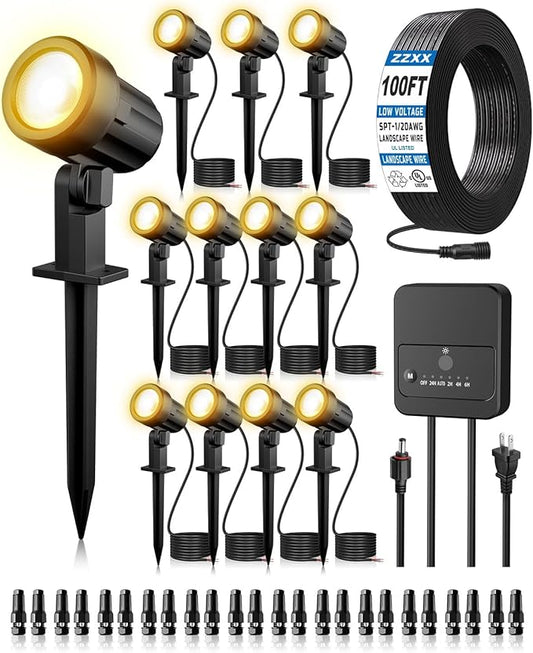 ZZXX All-in-One Low Voltage Landscape Lighting Kit, 12-Pack LED Landscape Lights with Transformer 100FT Wire and Connectors, 2700K Waterproof Landscape Spot Lights for Garden Yard House Tree