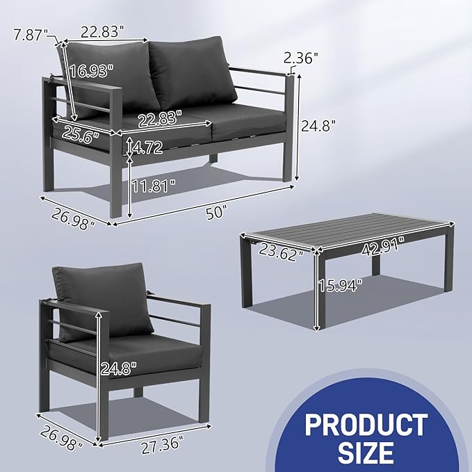 VINGLI 2-Piece Outdoor Patio Furniture Aluminum Love-seat and Coffee Table Set, Modern Patio Sofa Set (Gray)