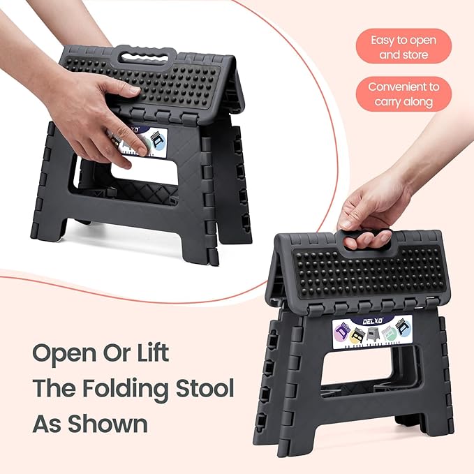 Delxo Folding Step Stool 9 Inch,Non-Slip Foldable Stools for Kids & Adults Up to 300 LBS,Kitchen Collapsible Fold Up Stepping Stool with Dotted 1 Pack,Gray