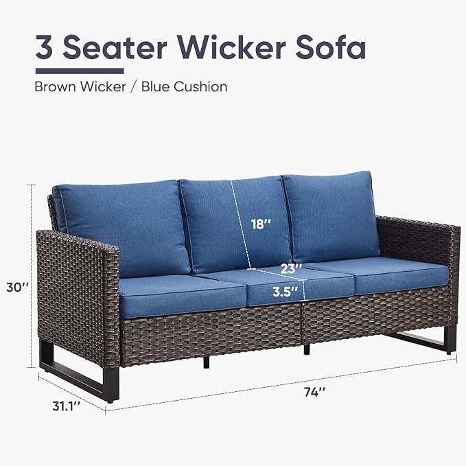 Belord Outdoor Couch Patio Furniture: Wicker Patio Sofa with Deep Seat High Back, 800Lbs Weight Capacity Oversize Outdoor Seating 3 Seater Rattan Couch, Anti-Rust Frame, Brown