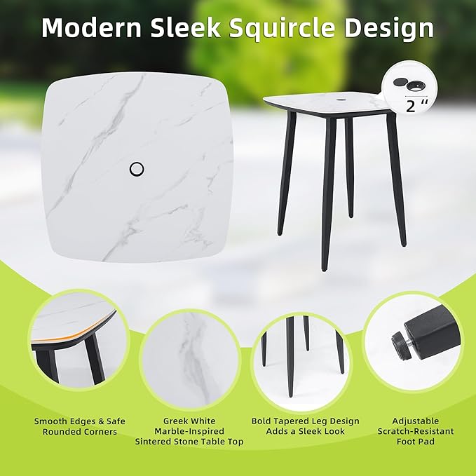 Modern 5PCS Outdoor Patio Bar Set, Rounded Square Sintered Stone Table & 4 Swivel Bar Chairs, Rust-Free Aluminum Frame, Ember Black, Marble-Inspired Top, Bearing Swivel Plate, Tapered Legs