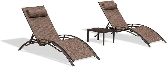 PURPLE LEAF Outdoor Chaise Lounge Chair Set of 3 Patio Pool Lounger Bronze Aluminum Chairs with Side Table Adjustable Tanning Recliner for Outside Backyard Yard Deck Balcony Beach Brown