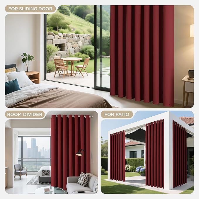 Joydeco Blackout Patio Sliding Door Curtains 108 Inches Long, Grommet Privacy Room Divider Curtains, Extra Wide Thermal Blackout Drapes for Bedroom Living Room (Burgundy Red, 80Wx108L, 1 Panel)