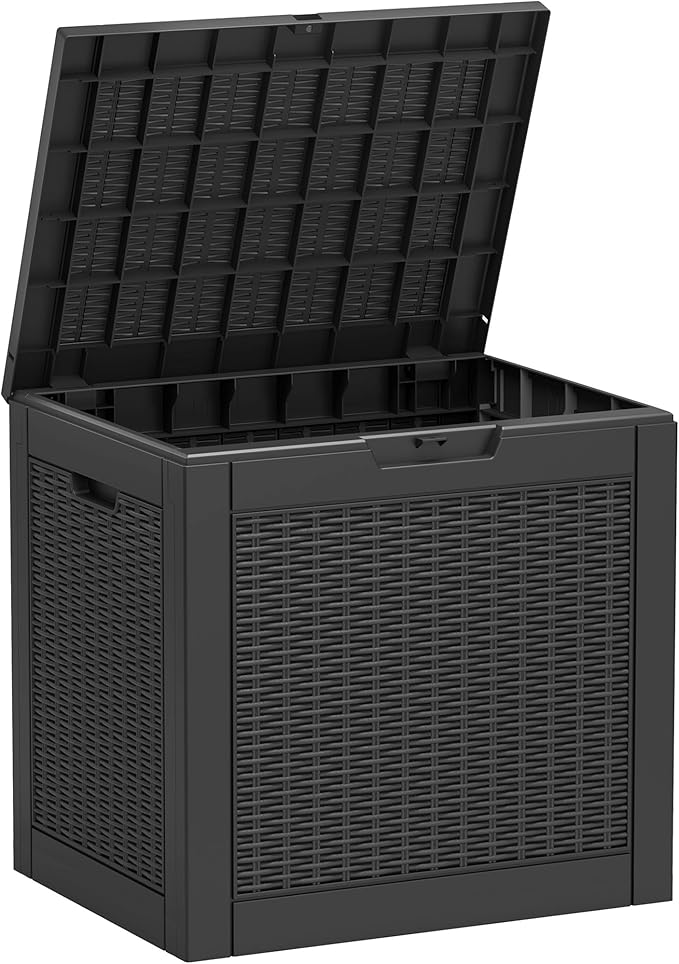 Outdoor Storage Box, Resin Deck Boxes Indoor and outdoor, Waterproof Storage Box Lockable Lid (Black, 35 Gallon)