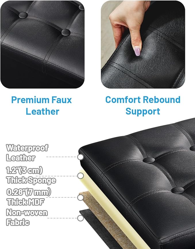 AmasSmile Storage Ottoman Folding Foot Rest Stool, Leather Footstool Bench, Short Ottoman Stool, Storage Foot Rest Store, Books (Black-2pc, 17" D x 13" W x 13" H)