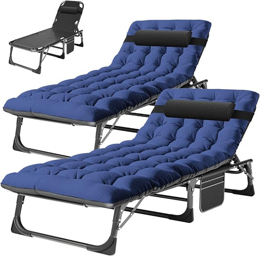 ABORON 2PK Heavy Duty Tanning Chair, 5-Gear Outdoor Folding Chaise Lounge Chair with Cushion, Portable Beach Lounge Chair for Outdoor Sunbathing, Patio, Pool, Lawn, Deck, Poolside