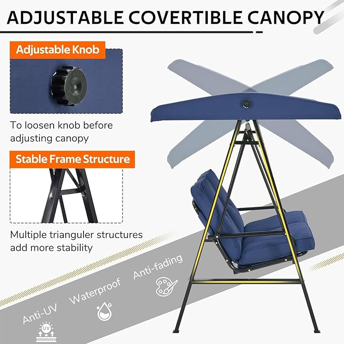 AECOJOY 2-Seat Outdoor Patio Swing Chair with Adjustable Canopy, Porch Swings Chairs for Adult, Outside Swing Bench with Removable Cushion, Suitable for Backyard, Garden, Yard, Poolside, Balcon, Blue