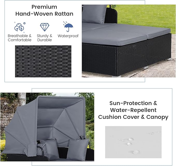 RELAX4LIFE Patio Outdoor Daybed with Canopy, Wicker Sunbed w/Cushions, 4 Pillows & 2 Retractable Side Trays, 2-Person Lounge Bed Conversation for Poolside Porch Garden, Rattan Outdoor Bed (Grey)