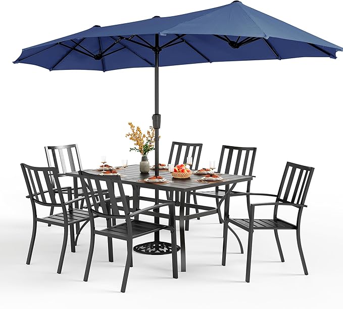 PHI VILLA 7 Piece Patio Dining Set with Umbrella, 60” Rectangular Metal Dining Table & 6 Stackable Metal Chairs & 13ft Large Navy Umbrella for Outdoor, Deck, Yard, Porch