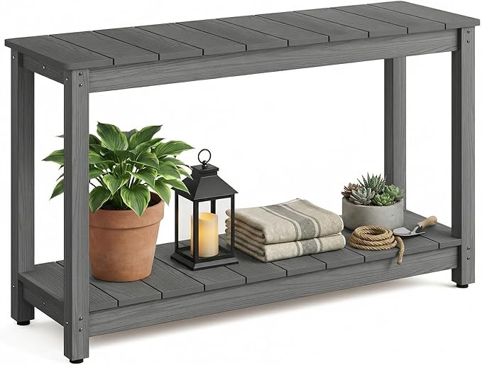 Outdoor Console Table, 48" Weather Resistant HIPS Patio Side Table, 440LBS Weight Capacity, 2-Tier Multifunctional Buffet Bar Storage Organizer for Garden Deck, Gray
