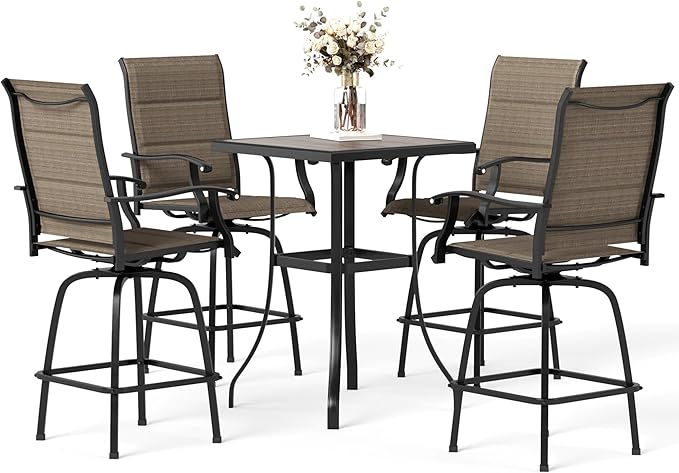 MFSTUDIO 5 Piece Outdoor Swivel Bar Set, Outdoor Bar Table and Chairs Set, Patio High Top Table and Chairs, Patio Dining Set Bar Height Table with 4 Chairs, Padded Textilene Stools for Outside
