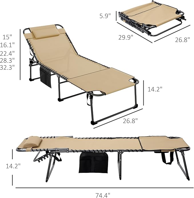 Outsunny Folding Chaise Lounge with 5-Level Reclining Back, Tanning Chair with Face Hole, Outdoor Lounge Chair with Side Pocket & Headrest for Beach, Yard, Patio, Beige