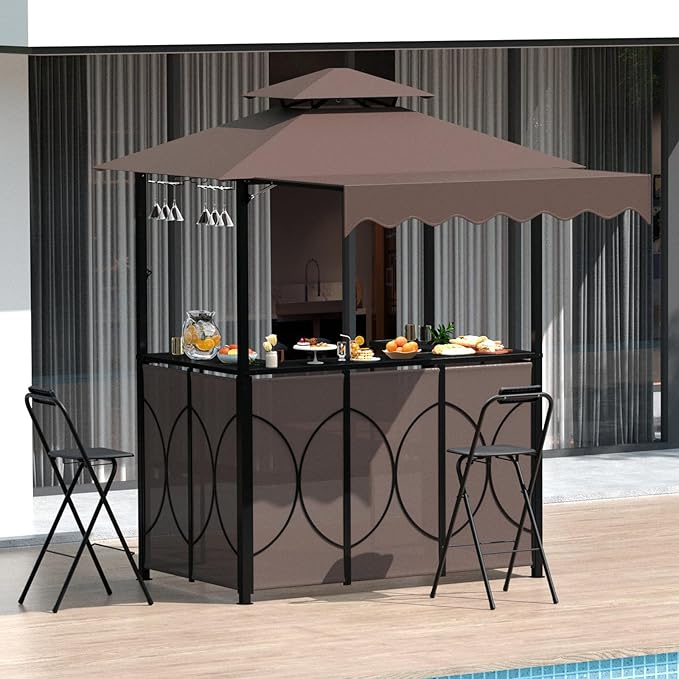 Grepatio 3 Piece Patio Bar Set with Canopy, Grill Gazebo with Bar Table and 2 Foldable Stools, Outdoor Bar Set with Storage Shelves, Extra Adjustable Shadow, Glass Holders for Garden Backyard