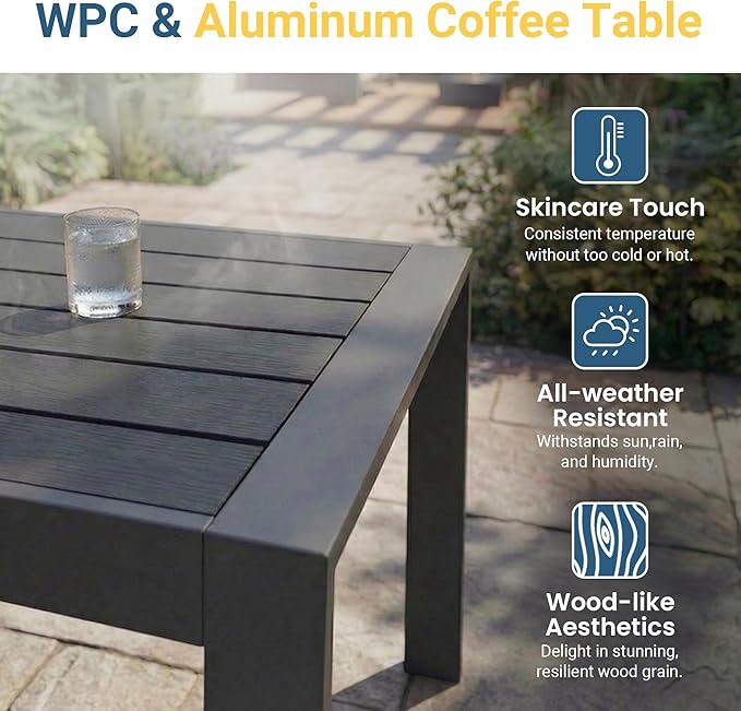 Wisteria Lane Aluminum Outdoor Patio Furniture Set, Modern Patio Conversation Sets, Outdoor Sectional Metal Sofa with 5 Inch Cushion and Coffee Table for Balcony, Garden, Dark Grey