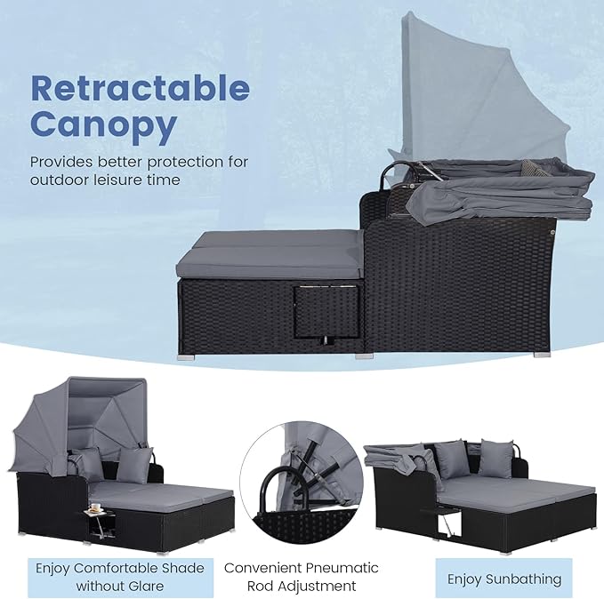 RELAX4LIFE Patio Outdoor Daybed with Canopy, Wicker Sunbed w/Cushions, 4 Pillows & 2 Retractable Side Trays, 2-Person Lounge Bed Conversation for Poolside Porch Garden, Rattan Outdoor Bed (Grey)