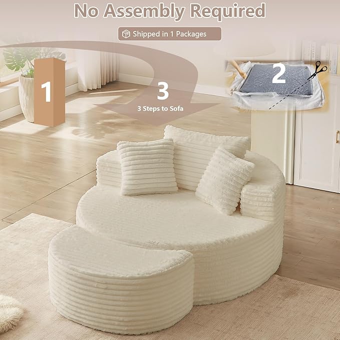 74.6" Oversized Round Chaise Lounge Chair with Ottoman Indoor, Fluffy Upholstered Corduroy Deep Seat Large Boneless Circle Couch Sofa Chairs for Living Room, Bedroom, No Assembly Required, White