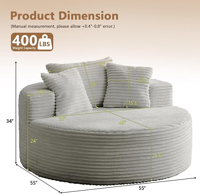 Oversized Round Chair Lounge Chaise Indoor, Upholstered Corduroy Deep Seat Cloud Large Circle Sofa Chair, No Assembly Required, Fluffy Modern Sleeper Sofa Bed for Reading, Living Room, White Gray
