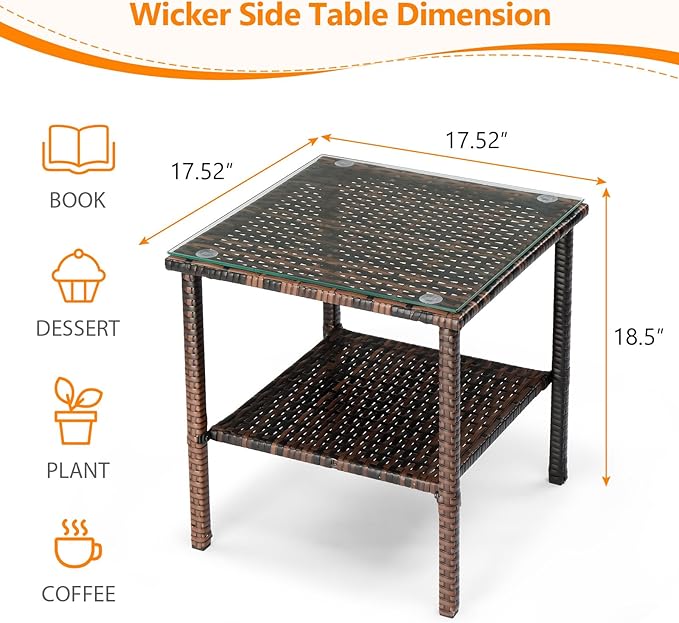 VINGLI Outdoor Wicker Side Table Patio Side Tables for Outside, Tempered Glass Top Wicker Table with Storage End Table for Patio Balcony Porch Deck (Brown)