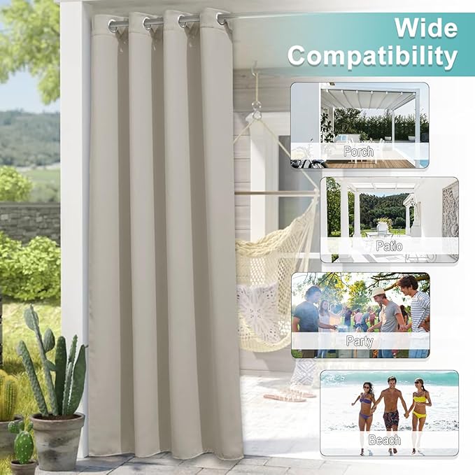NICETOWN 2 Panels Indoor & Outdoor Curtains for Patio Waterproof, Grommet Room Darkening Thermal Insulated Indoor Window Treatments Thermal Drapes for Pergola/Bathroom, Natural, W52 x L84