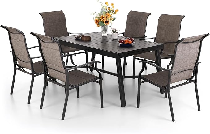 PHI VILLA 7 PCS Patio Dining Set, Outdoor Table and Chair Set with 6 Padded High Back Dining Chair, 1 Extandable Metal Table for Outside, Poolside