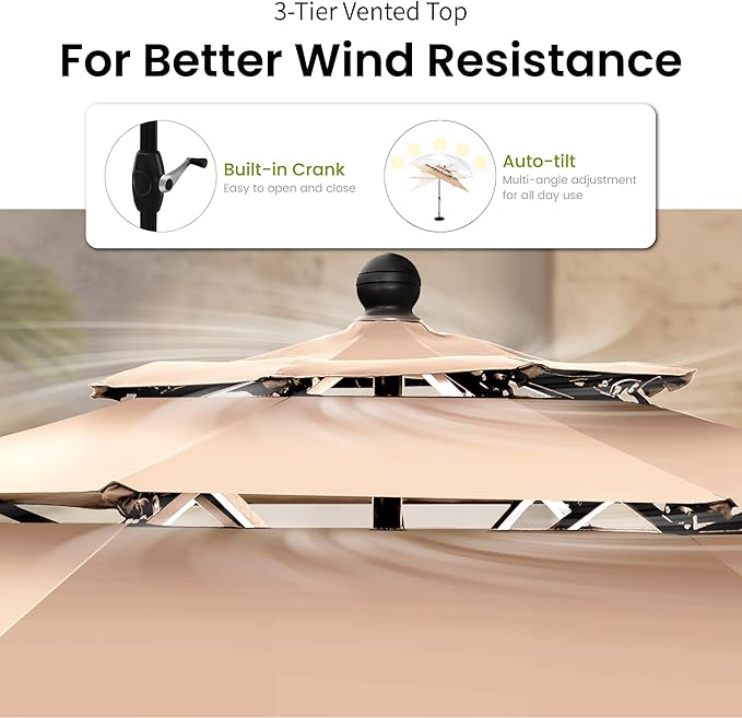 PHI VILLA Outdoor Dining Set 6 PCS with 10ft 3-Layer Round Umbrella(Beige),1 Square 37"x 37"Dining Table,4 Bistro Chairs& 10ft Patio Umbrella