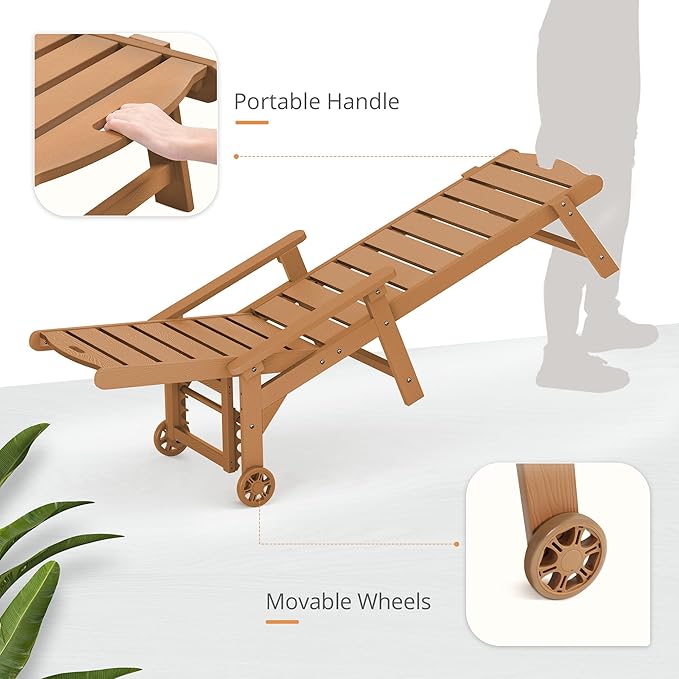 LUE BONA Chaise Lounge Chair with Table, 6-Piece, HDPS Chaise Lounger, 5 Positions Adjustable Lounge Chairs, Pool Lounge Chair with Wheels for Poolside, Backyard, Teak Color