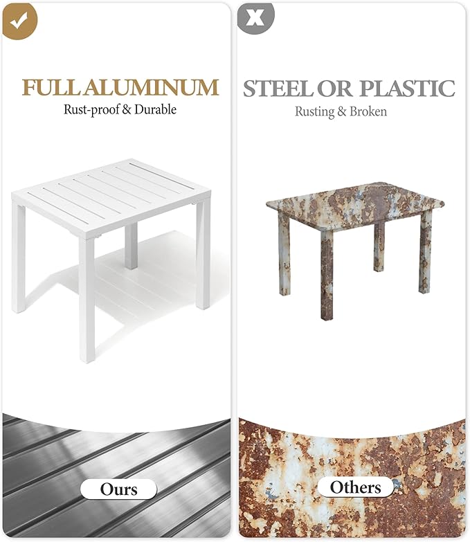 Crestlive Products Aluminum Outdoor Side Table Set of 2, White Small Rectangular Weather Resistant Coffee End Tables for Patio Balcony Pool Deck