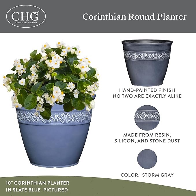 Classic Home and Garden Corinthian Resin Planter Pot - Outdoor & Indoor Plant Pot - Round Planter for Plants & Flowers (8" Storm Gray, Pack of 1)
