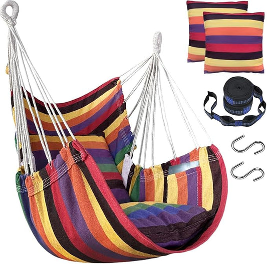 Halalona Hammock Chair Hanging Hammock Chair Rope Swing 2 Cushions Included-Sturdy & Durable Soft Cotton Hand Woven Hammock Swing for Bedroom, Porch, Patio-Indoor/Outdoor