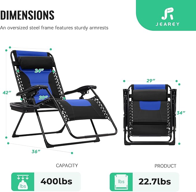 JEAREY Oversized Padded Zero Gravity Chairs Set of 2, Folding Lounge Chair Outdoor Patio Recliner, Anti Gravity Chair for Backyard with Headrest, Cup Holder, Side Tray, Polyester Mesh - Black/Blue