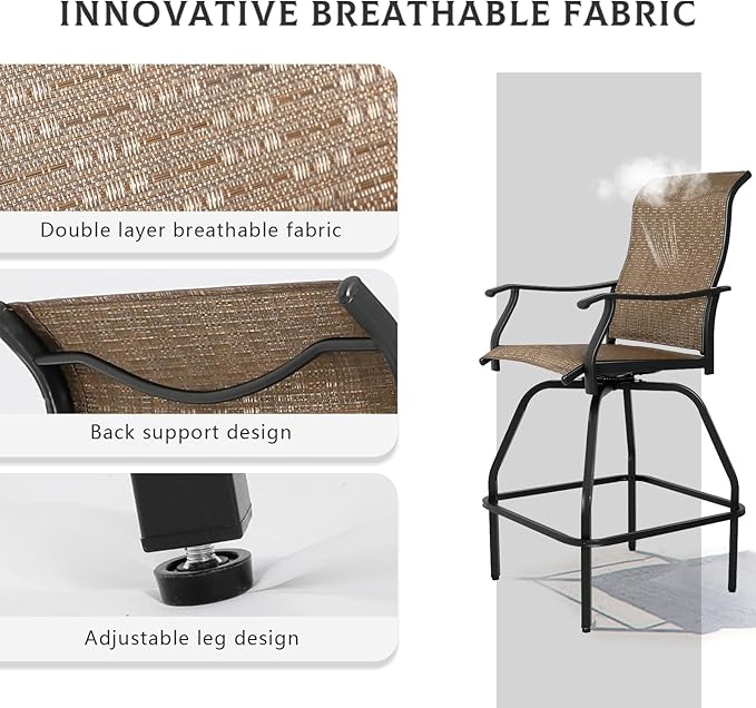 LEVELEVE Patio Bar Set 5pcs Swivel Bar Stools Outdoor Bistro Textilene Furniture Stability All-Weather Set with Height Table (5, Dark Brown Fabric)