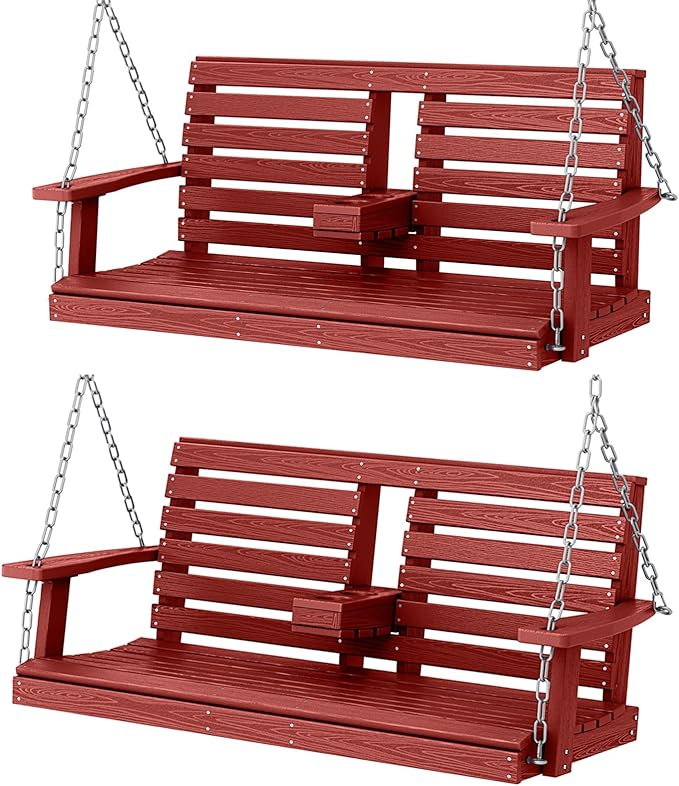 KINGYES Outdoor Hanging Patio Swing Set of 2, 2 Seat Swing Chair with Cup Holders, Waterproof Bench for Courtyard & Garden, 660LBS Weight Capacity, Red